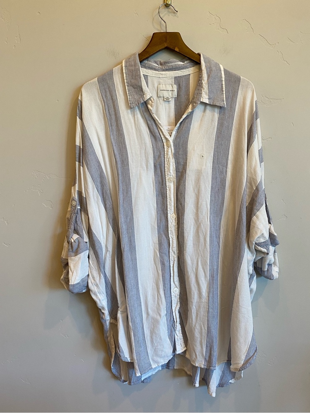 AMERICAN EAGLE Linen Blend Oversized Beach Button Up Striped Tunic - Picture 2 of 9